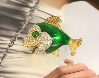 Broche VINTAGE - Poisson Vert Cristal