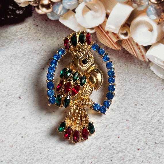 Broche VINTAGE - Perroquet Cristal Bleu Rouge et Vert