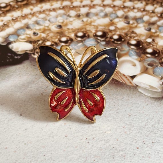 Broche VINTAGE – Papillon Bleu Rouge