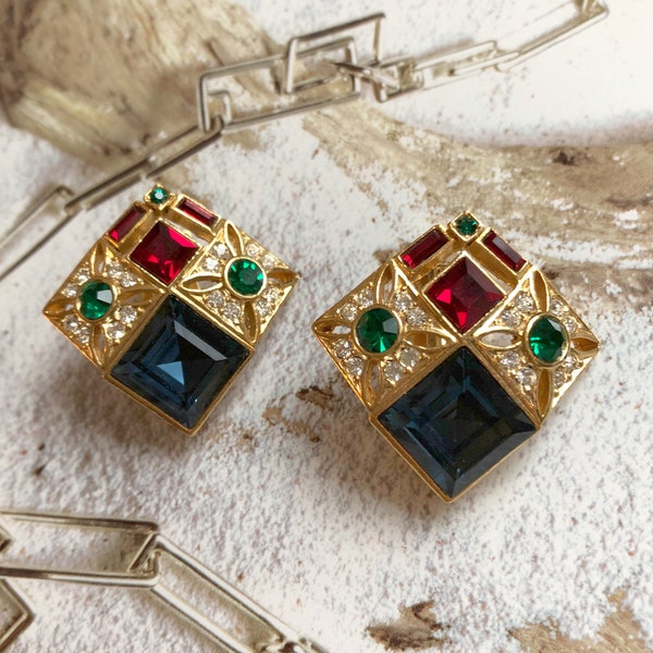 Boucles d'Oreilles Clips VINTAGE SPHINX - Losange Cristal Bleu Rouge Vert