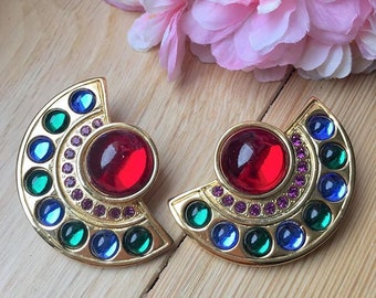 VINTAGE Clips Earrings - Eventail Blue Red Red Violet