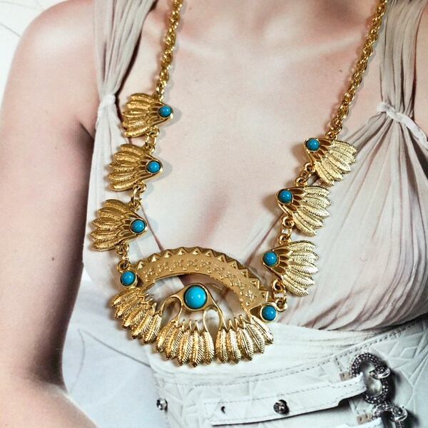 Collier VINTAGE SPHINX - Plume Couleur Turquoise