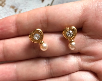 VINTAGE Pierced Earrings – Pearl Crystal Heart