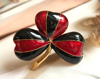 Broche VINTAGE - Feuille Trèfle Noir Rouge