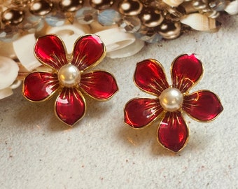 Boucles d'Oreilles Clips VINTAGE- Fleur Marguerite Rouge Perle