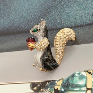 May include: A gold-tone squirrel brooch with black and white enamel and clear rhinestones. The squirrel is holding a red and gold acorn in its paws.