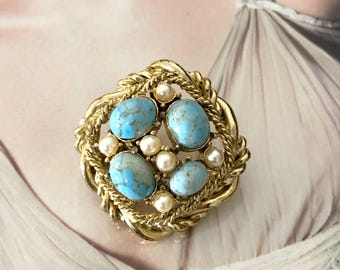 ヴィンテージブローチ – ターコイズの縞模様のロゼットとパール - Etsy