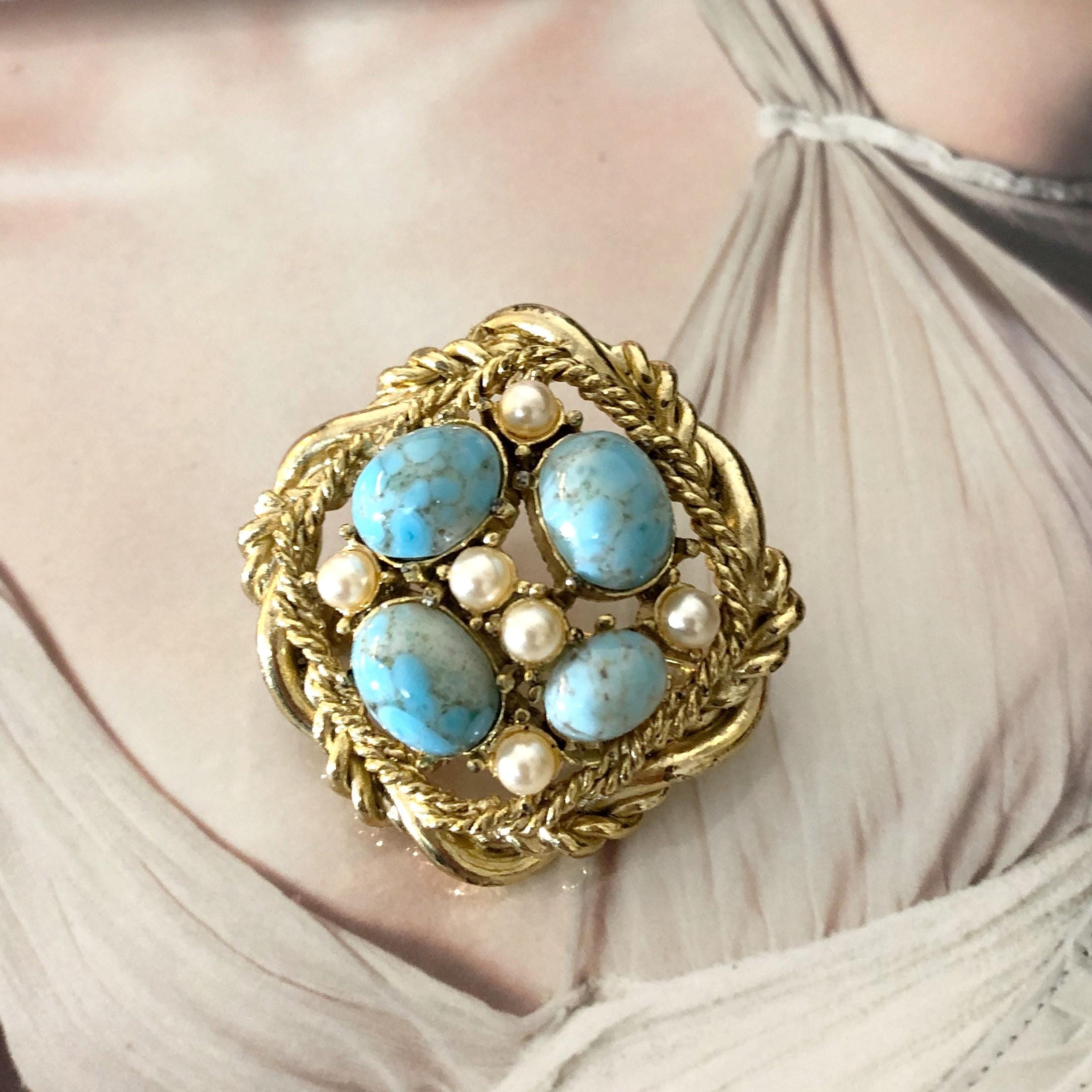 Broche Ancienne En Argent Massif Et Turquoise - Occasion, Bijou Vintage
