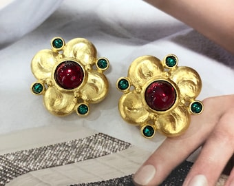 Boucles d'Oreilles Clips VINTAGE - Fleur Rouge Vert