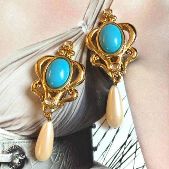 Boucles D'oreilles Clips Vintage Pendantes - Vert, En Résine - Occasion