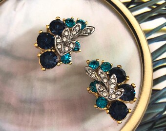 Boucles D'Oreilles à Clips En Émaux Bleus Et Vert Émeraude - Occasion - Style Vintage