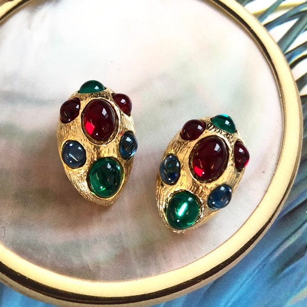 Boucles d'Oreilles Clips VINTAGE - Ovale Couleur Bleu Rouge Vert