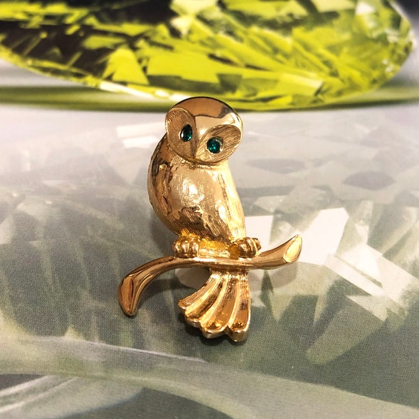 Broche VINTAGE - Chouette Hibou Cristal Vert