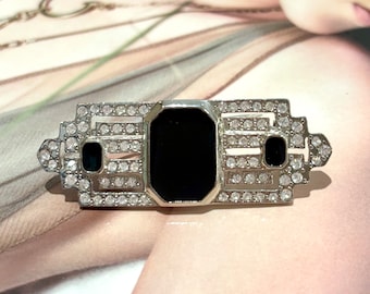 Broche Vintage Style Art Déco Strass Argenté - Environ 5 Cm X 1,3 Cm - Occasion