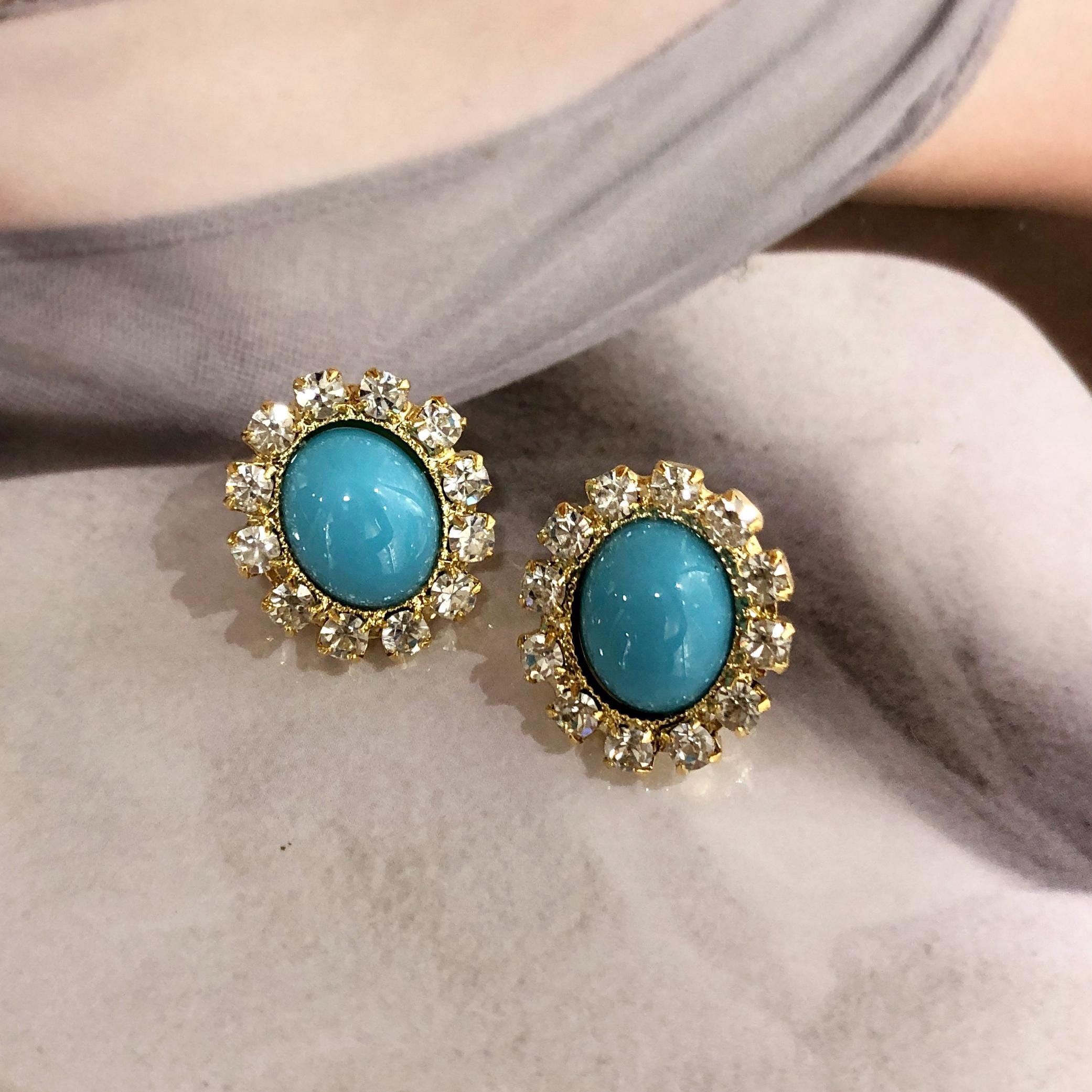 Boucles D'oreilles Clips Vintage Turquoise - Créateur, Occasion