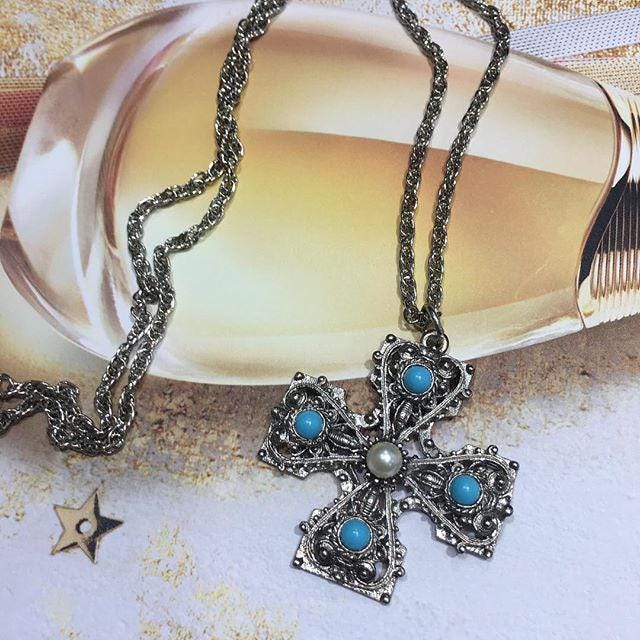 VINTAGE Necklace - Maltese Cross Turquoise Color