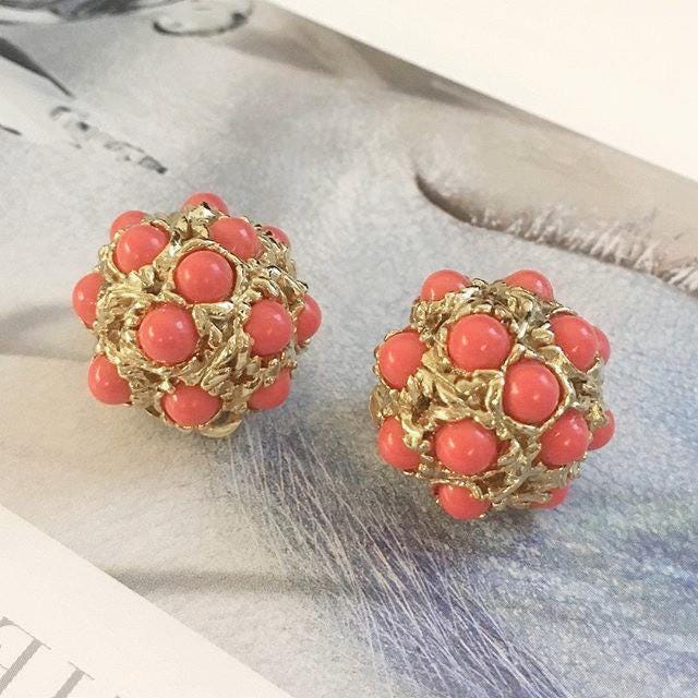 Boucles D'Oreilles Vintage à Clips - Pierre Orange Corail - Métal Fantaisie