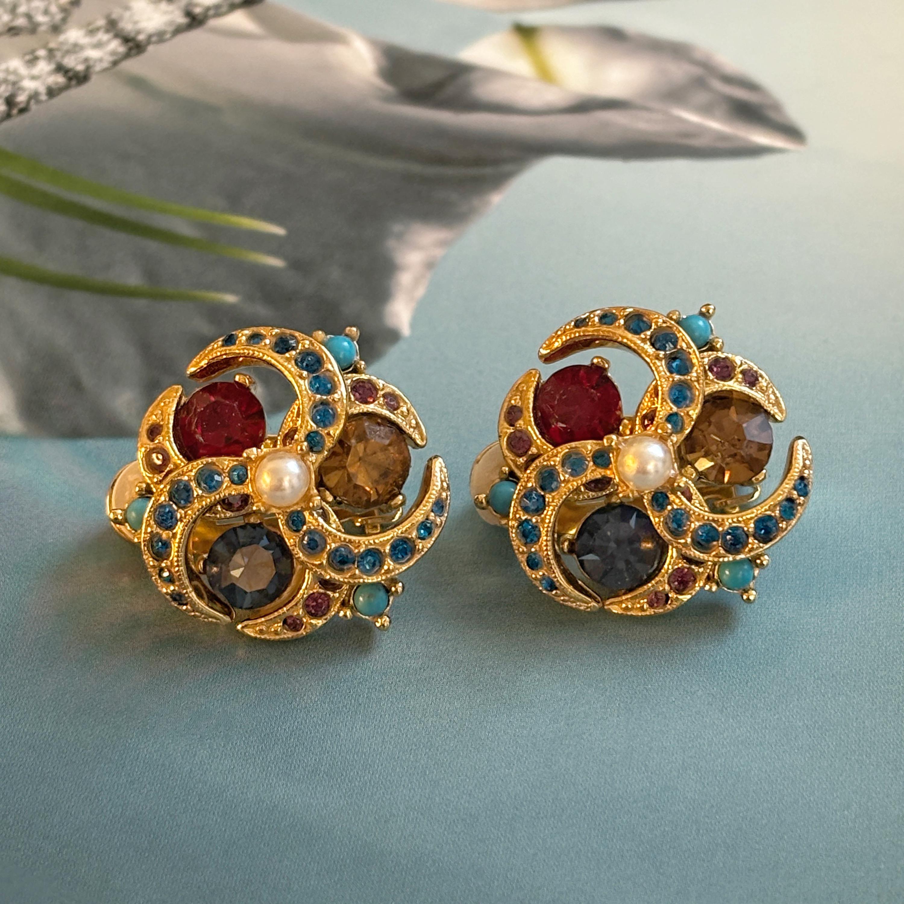 Boucles D'oreilles à Clips Vintage En Cristal Bleu – Fabrication Française, Occasion, Style Cabochon Rétro