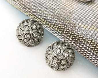 Boucles D'oreilles Pendantes Vintage - Clips Argentés Avec Cristaux Et Pampilles, Occasion En Bon état