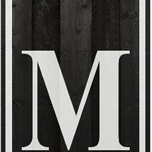 May include: Black and white wooden sign with a large white letter M and the name MEARKLE written below in white.