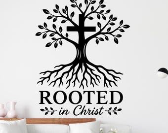 Rooted in Christ Wall decal Jesus Is King Religious Wall Sign, Christian Words, Church Sanctuary Art, Cross Decor 449DE