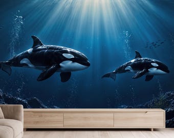 Underwater Orca Wallpaper Mural | Orca Ocean Wall Art | Ocean Nursery Wallpaper | Kids Room | Baby Room Mural 471DE