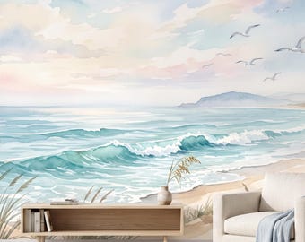 Luxury Coastal Watercolor Wallpaper Mural, Panoramic Seascape Wall Mural, Turquoise Ocean Waves, Beach Dunes, Coastal Wallpaper  451DE