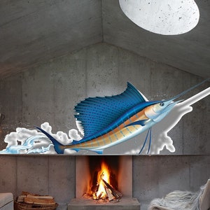 May include: A blue and orange sailfish leaps out of the water, creating a spray of water. The fish is depicted on a wall in a modern living room with a fireplace and a sofa.
