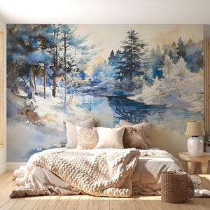 Winter Forest Wall Mural, Snowy Landscape Wallpaper, Watercolor Nature Scene Art, Blue Forest Wall Décor, Scenic Bedroom Accent Vn549