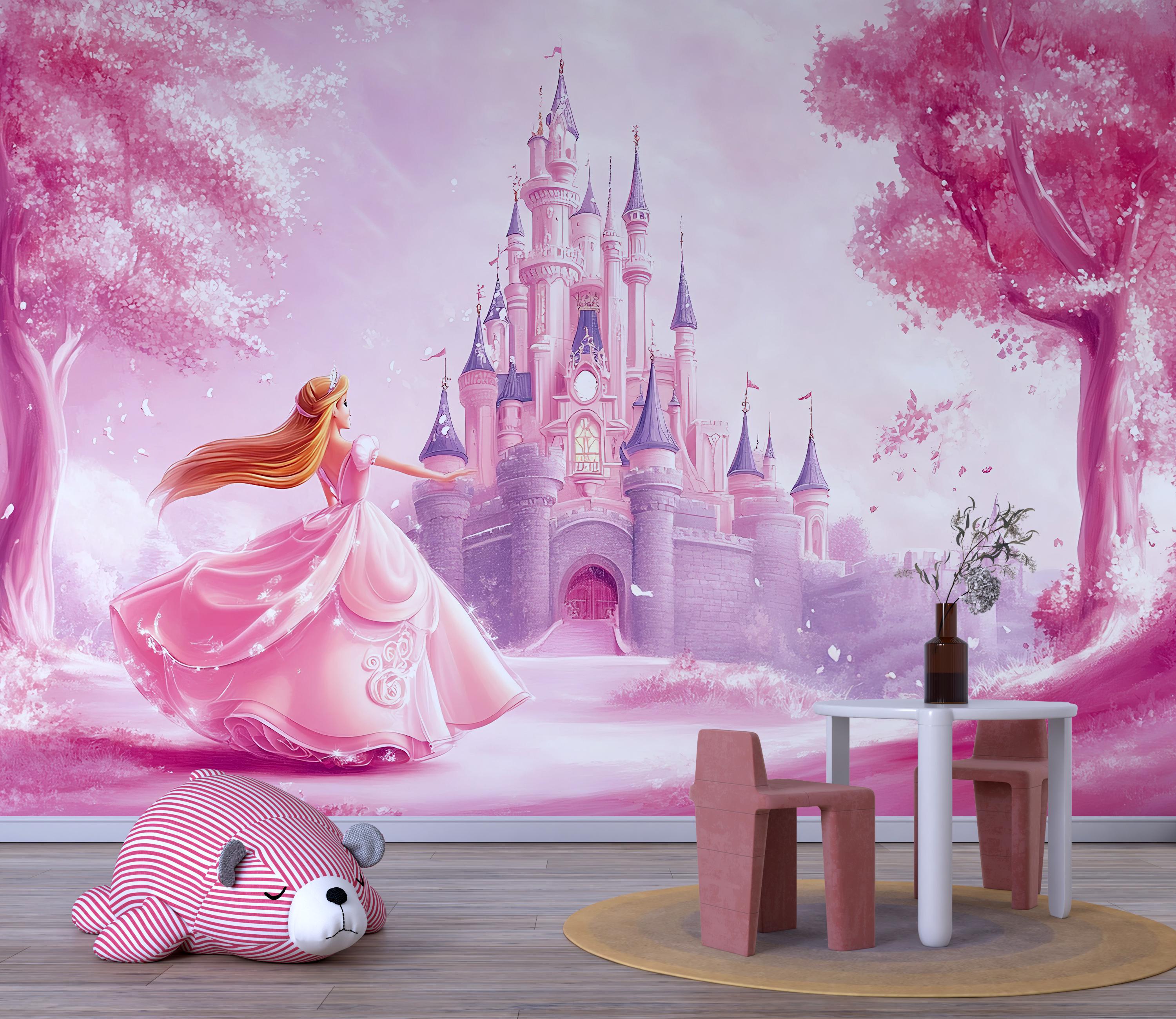 Pink Princess Castle Wall Mural – Fairytale Girl’s Room Decor ...