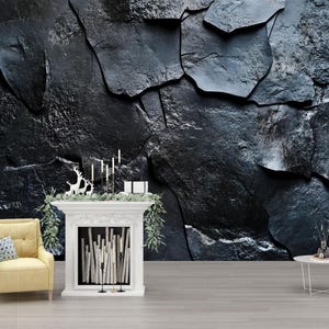 Modern Black Rock Texture Wallpaper – Bold Dark Stone Wall Mural for Living Room, Office, or Studio – Industrial Style Décor Vn653