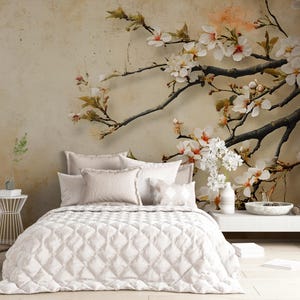 Cherry Blossom Wall Mural – Japanese Floral Branch Wallpaper for Bedroom Decor, Elegant Nature-Inspired Accent Wall Art Vn489