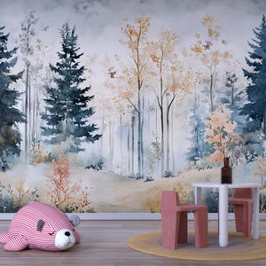 Whimsical Forest Wall Mural for Kids Room – Soft Watercolor Woodland Wallpaper with Trees Vn562