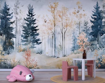 Whimsical Forest Wall Mural for Kids Room – Soft Watercolor Woodland Wallpaper with Trees Vn562