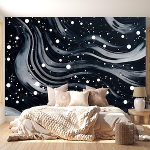 Black Galaxy Wall Mural – Modern Space Starry Night Wallpaper Vn840