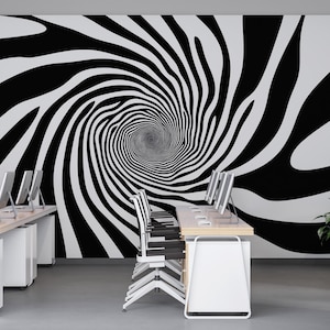 May include: An office space featuring a black and white spiral wall mural. Desks with computers and chairs are arranged in front of the mural. A potted plant sits near a glass wall.