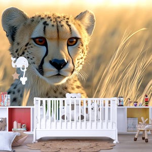 チーターサファリ保育園壁画 | ジャングル動物ベビールーム装飾 | 野生動物大型猫壁紙 | 取り外し可能な子供用ウォールアート Vn537