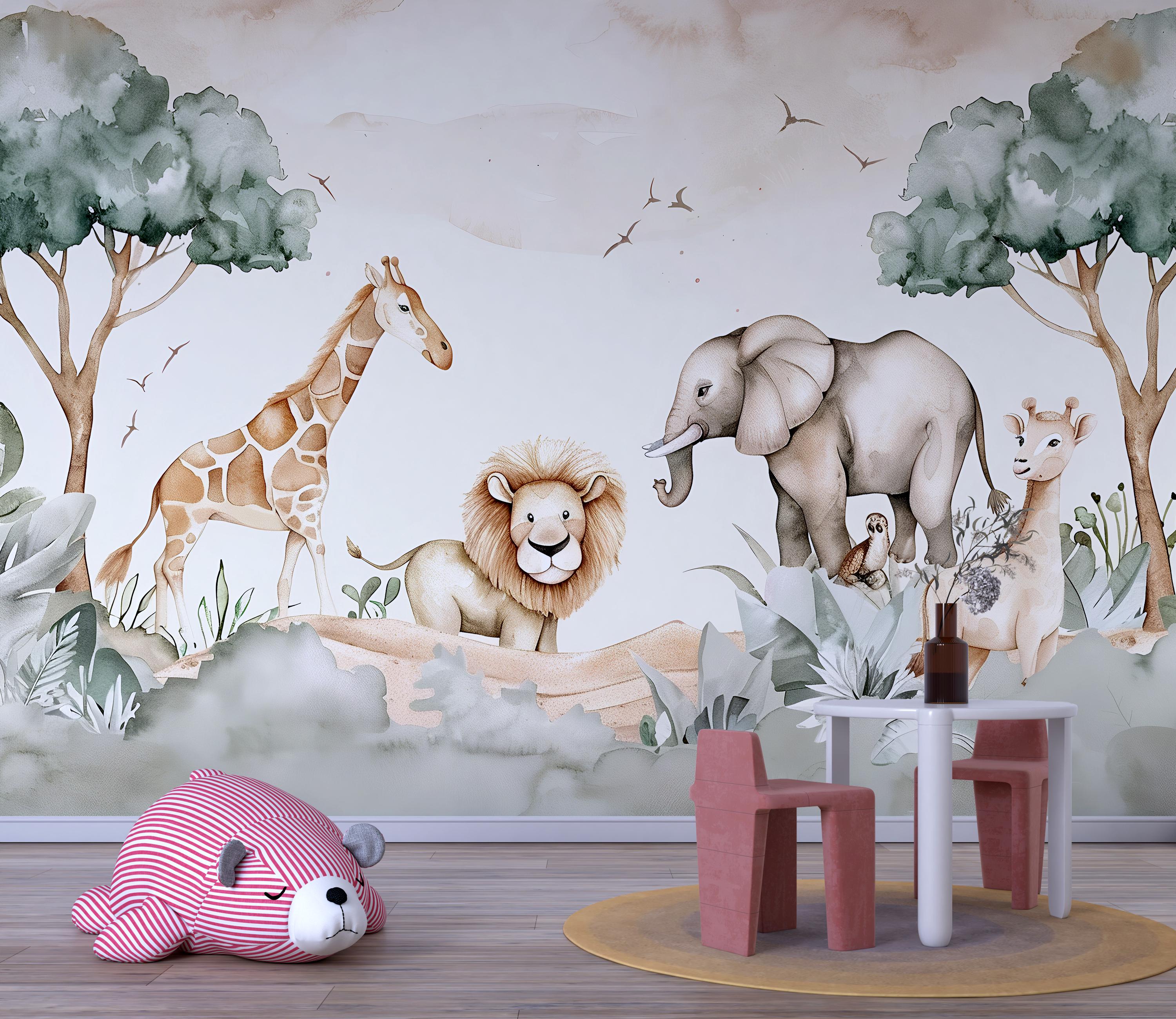 Safari Nursery Wall Mural | Jungle Animal Wallpaper Kids Room Vn1038 - Etsy