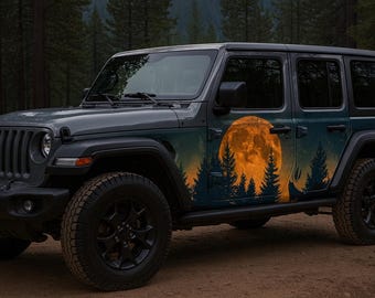 Wolf Moon Forest Car Decal Wrap | Sunset Wilderness Car Vinyl Graphics | Truck Outdoor Nature Sticker Kit, nv092