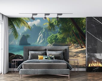 Tropical Beach Wall Mural – Ocean View Wallpaper for Bedroom – Coastal Paradise Accent Wall Art Vn286