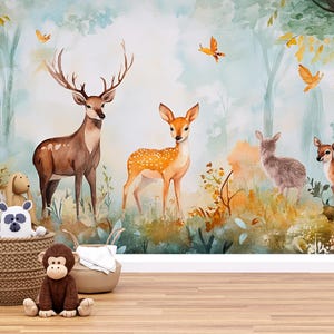 Carta da parati murale con cervi del bosco per la cameretta dei bambini – Carta da parati con animali della foresta – Decorazione rimovibile con tema natura della giungla Vn339