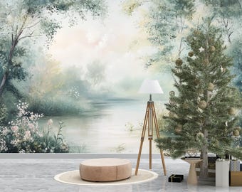 May include: A serene interior scene featuring a mural of a misty landscape with a river and trees. A decorated Christmas tree stands to the right, with a wooden tripod lamp and a round ottoman in front. The scene is set on a gray tiled floor.