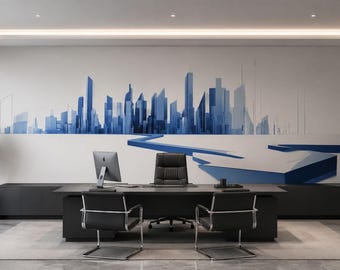 Blue City Skyline Wall Mural, Modern Office Wallpaper, Executive Workspace Decor, Corporate Urban Wall Art, Business Mural, 678mv