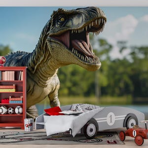 Dinosaur Wall Mural for Kids Room - T-Rex Jungle Scene - Realistic 3D Dino Wallpaper - Boys Bedroom Decor Vn410