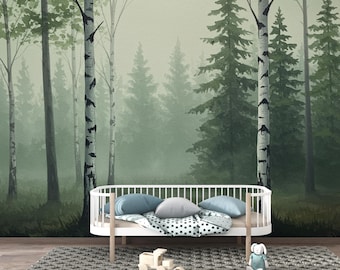 Nebliger Wald Wallpaper Wandbild, Aquarell Birken und Fichten Bäume, Neutralgrüne Waldwand Kunst Skandinavische Natur Dekor Calm Forest 200DE
