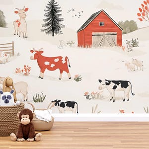 Farm Animal Wall Mural for Kids Room – Cute Cow Barn Nursery Wallpaper – Removable Playroom Decor – Country Farmhouse Art  Vn314