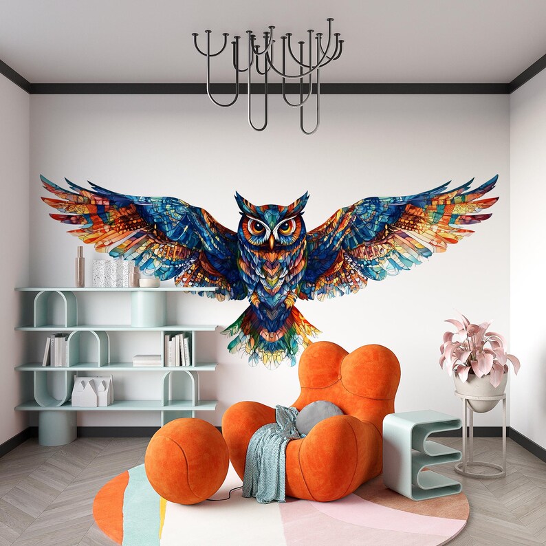 Colorful Owl Wall Decal, Flying Owl Wall Art, Owl Wall Sticker, Modern ...