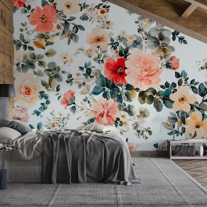 Large Floral Wall Mural, Romantic Watercolor Flower Wallpaper, Botanical Bedroom Accent Wall, Peel and Stick Floral Mural Vn643