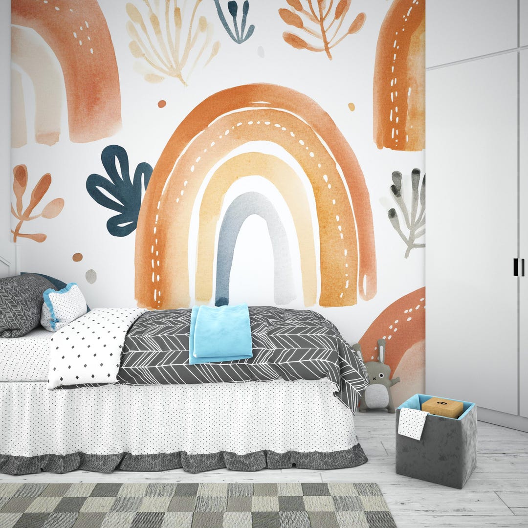 Boho Rainbow Wall Mural | Watercolor Arch Wallpaper | Kids Room Decor ...