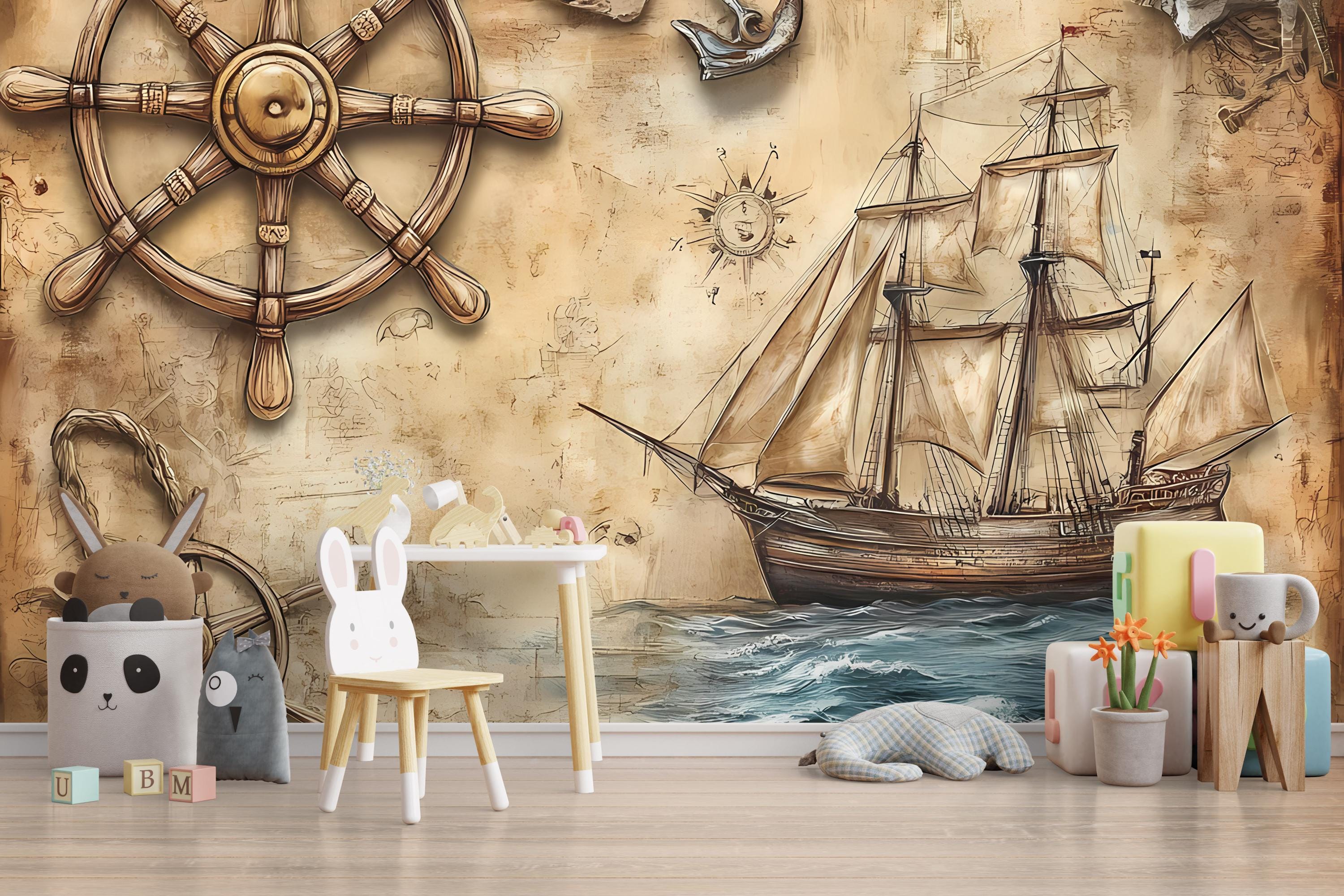ヴィンテージの航海船の壁画 - 子供部屋に最適な海賊アドベンチャー